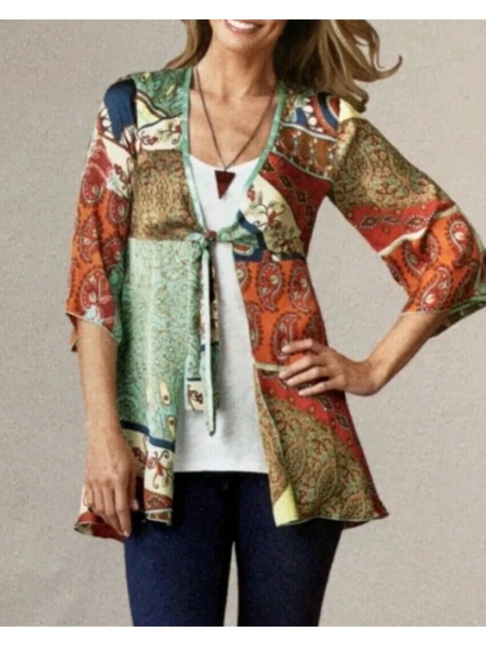 CAbi Kimono Tie Front Boho Art To Wear Patchwork Tunic Size S Art Teacher